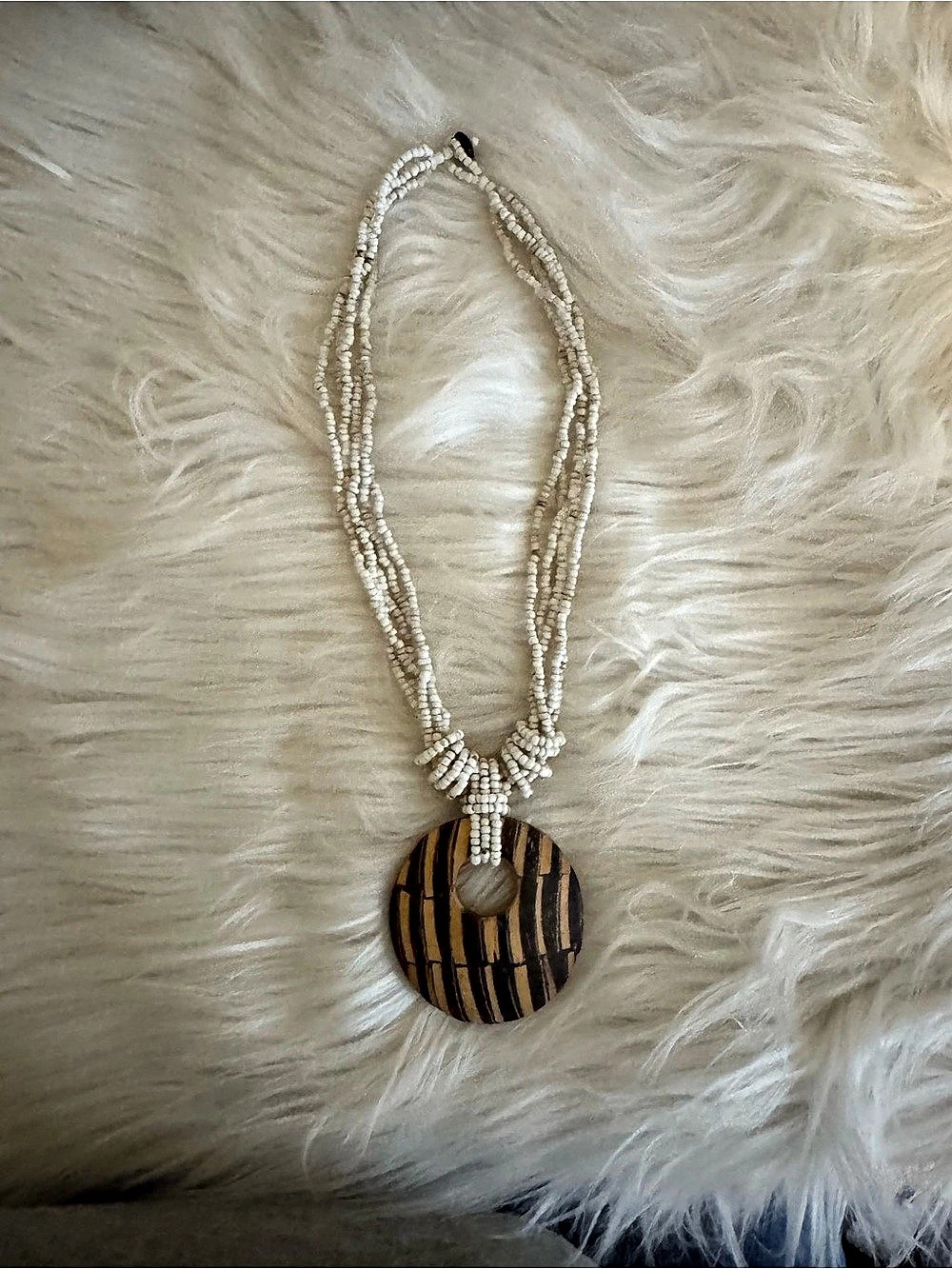 Vintage 1980’s Beaded Avon Wooden Striped Pendant Necklace